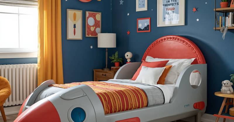 Cama foguete estilizada para quarto infantil com tema espacial.