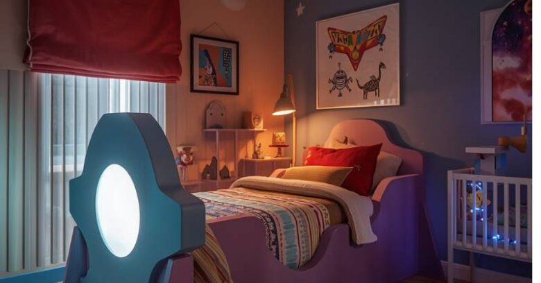 Decoração de quarto infantil com tema espacial em apartamento de João Pessoa.