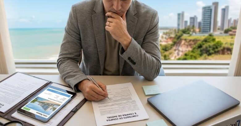 Pessoa assinando contrato de imóvel com auxílio de profissional em escritório com vista para o mar em João Pessoa.