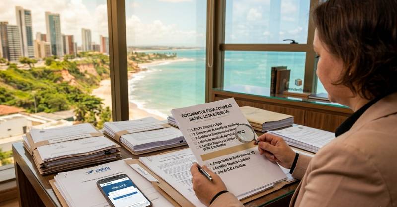 Graça Pontes analisando documentação e critérios bancários antes da aprovação do financiamento imobiliário em João Pessoa.