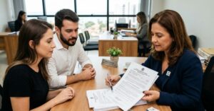 Cliente analisando aprovação de financiamento imobiliário com documentos, contrato e calculadora sobre a mesa em consultoria imobiliária em João Pessoa.