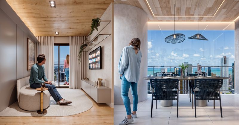 Perspectiva 3D de apartamento moderno decorado com vista definitiva para o mar, ideal para quem busca um imóvel para investimento de alto padrão em João Pessoa.