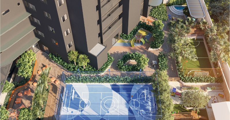 Vista aérea da área de lazer e paisagismo sustentável de um lançamento imobiliário de alto padrão, reforçando a Paraíba como uma escolha segura e lucrativa para investir.