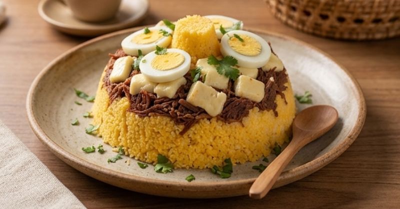 Cuscuz recheado tradicional paraibano servido com café em João Pessoa. 