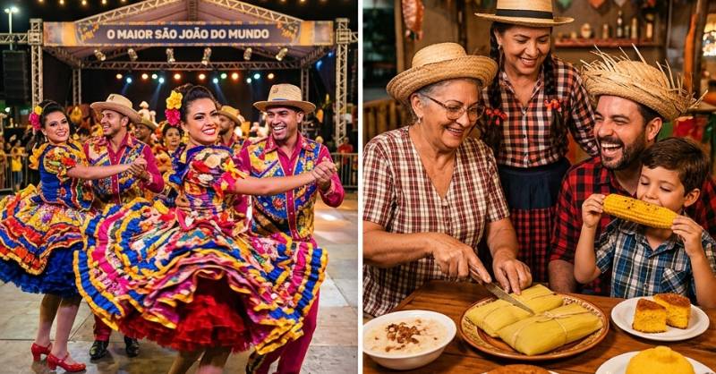 Pessoas com trajes coloridos de quadrilha dançando no palco sob bandeirinhas de São João. Uma família feliz reunida ao redor de uma mesa com cuscuz, pamonha e bolo de milho em uma festa junina.
