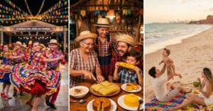 Uma colagem triptych retratando a diversidade das festividades de São João na Paraíba. O painel esquerdo mostra dançarinos de quadrilha em trajes vibrantes no palco. O painel central exibe uma família compartilhando comidas típicas como cuscuz e pamonha em uma barraca festiva. O painel direito mostra uma família relaxando e brincando na Praia de Cabo Branco em João Pessoa.