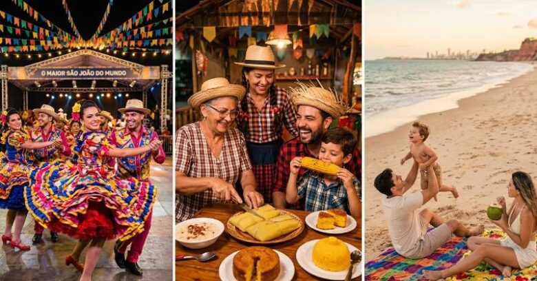 Uma colagem triptych retratando a diversidade das festividades de São João na Paraíba. O painel esquerdo mostra dançarinos de quadrilha em trajes vibrantes no palco. O painel central exibe uma família compartilhando comidas típicas como cuscuz e pamonha em uma barraca festiva. O painel direito mostra uma família relaxando e brincando na Praia de Cabo Branco em João Pessoa.