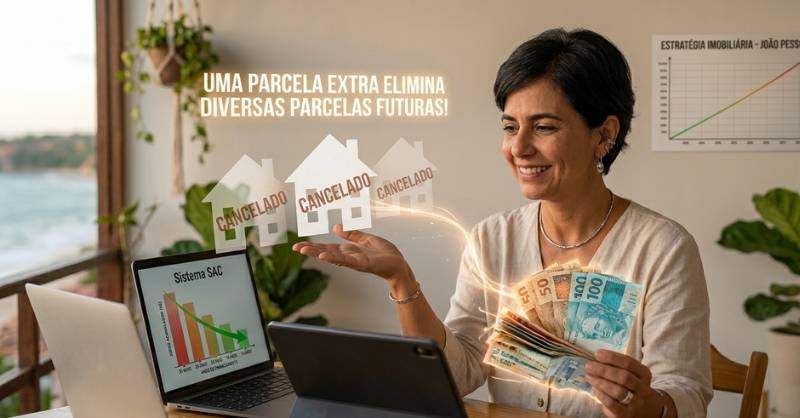 Quitar imóvel com amortização e pagar mais rápido.A corretora de imóveis Graça Pontes explicando visualmente como uma única amortização extra elimina múltiplas parcelas futuras do financiamento.