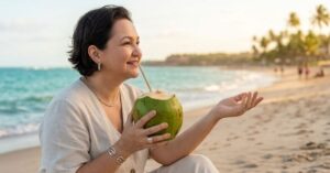 Uma mulher (Graça Pontes)sorridente, sentada na areia da praia de Cabo Branco em João Pessoa, tomando água de coco fresca diretamente da fruta enquanto olha para o mar ao pôr do sol, ilustrando o estilo de vida de quem decide morar na Paraíba.