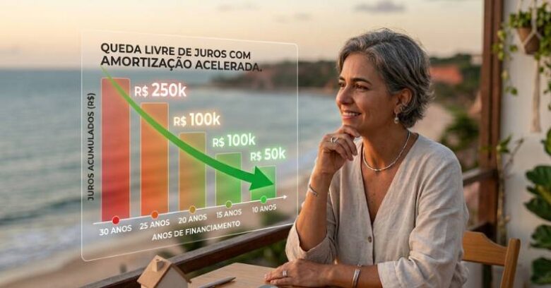 Uma mulher pensativa observando um gráfico onde os juros do financiamento imobiliário despencam drasticamente ao longo dos anos devido à amortização.