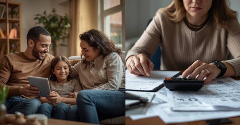 Especialista analisando dados de crédito enquanto ao fundo uma família sorridente comemora olhando uma simulação de financiamento no tablet.