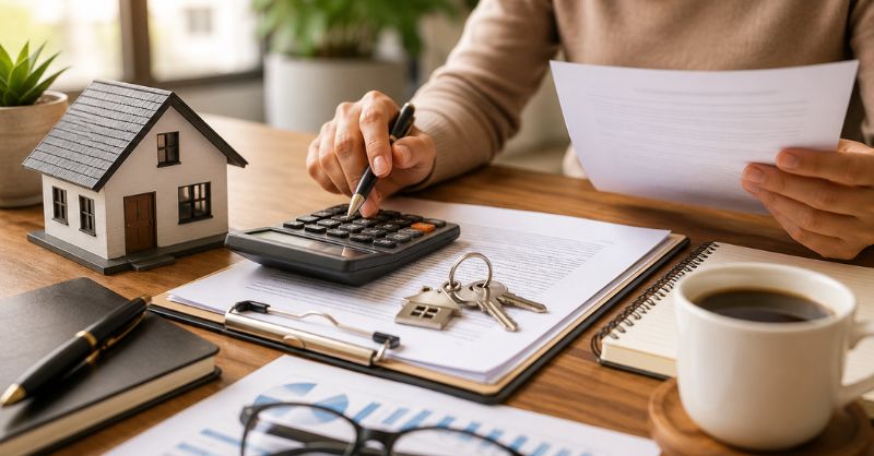 Mesa com contrato imobiliário, calculadora, chaves e documentos representando os custos que surgem na compra do primeiro imóvel.