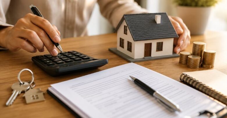 Mesa com contrato imobiliário, calculadora, chaves e documentos representando os custos que surgem na compra do primeiro imóvel.